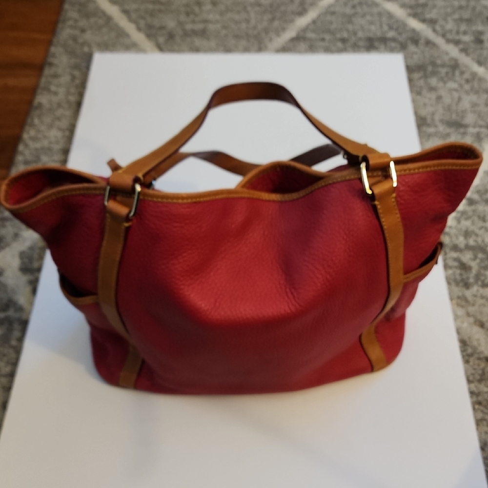 Dooney & Bourke Kristin Pebbled Leather Red Tote Bag with Tan Accents - Picture 3 of 16